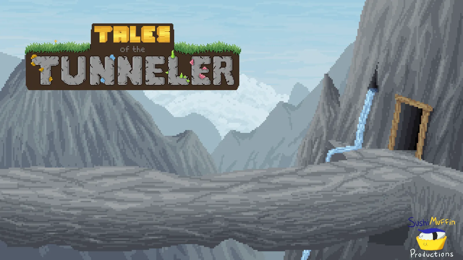 A title screen for the game Tales of the Tunneler. It shows a rocky mountain path leading to a mine entrance over a large gap.
